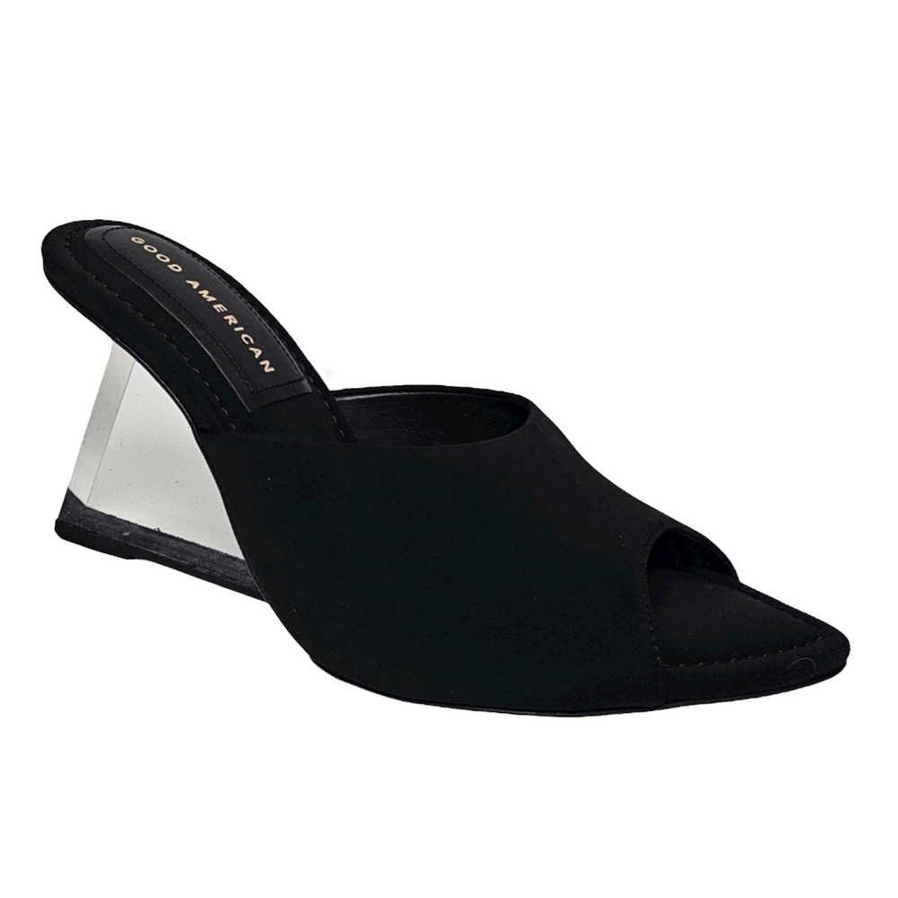 Good American Kardashian Clear Wedge Pointed Sandals Black Neoprene Size 8.5 NWT